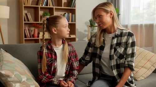 Family Argument Offended Upset Little Caucasian Girl Child Daughter Cross Arms Ignore Mother Parent