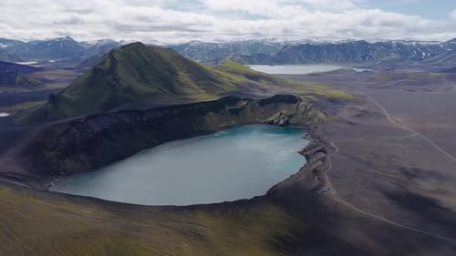 Aerial View of Volcanic Crater Lake and Surrounding Icelandic Terrain