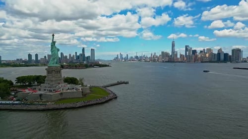 The Statue of Liberty Over the Panorama of New York Cityscape New York City Skyline with Statue of