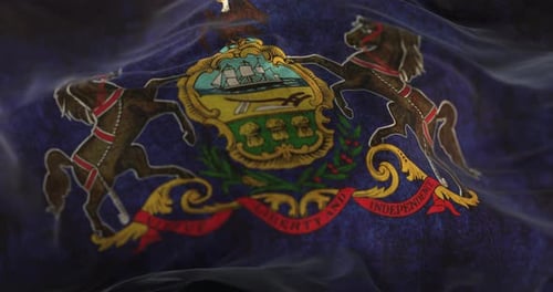 Waving Pennsylvania State Flag with Seal and Coat of Arms