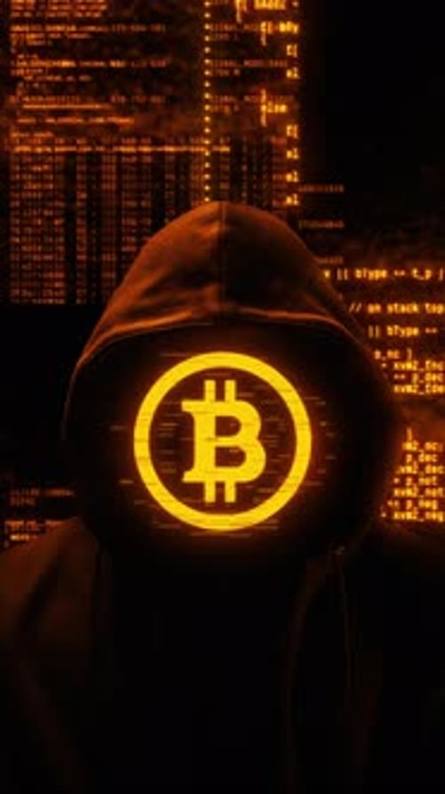Bitcoin Hacker Figure with Glitching Code Background Animation