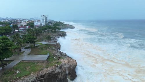 Caribbean coastline slammed by violent sea waves, Hurricane Beryl, aerial