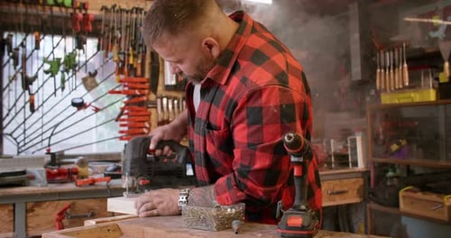 Woodworking Process Using Jigsaw Carpenter Plank