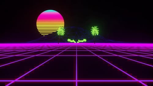 Retro Neon Grid Landscape Loop with Synthwave Sun