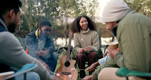 Camping, fire and friends with marshmallow in nature for holiday, vacation and adventure in woods