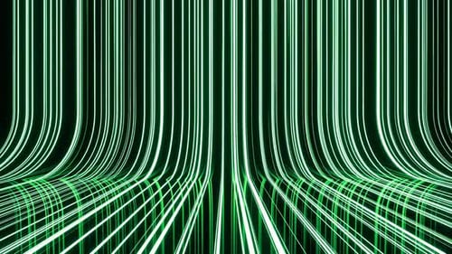 Green glowing neon lines against black background. Abstract futuristic animation