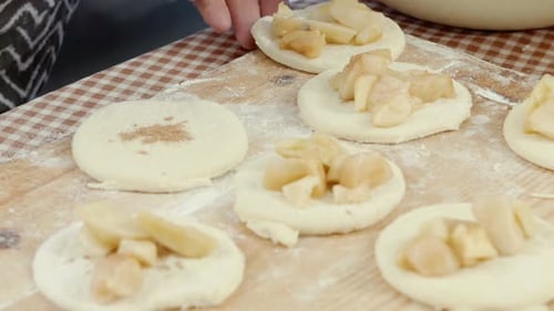 Hands Preparing Dough With Apples Dessert Recipe