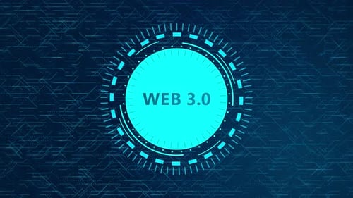 Futuristisches Web 3.0-Konzept mit rotierenden HUD-Elementen und Schaltungsdesign