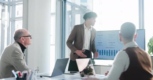 Business, presentation and man in meeting, financial agency and graphs for profit growth