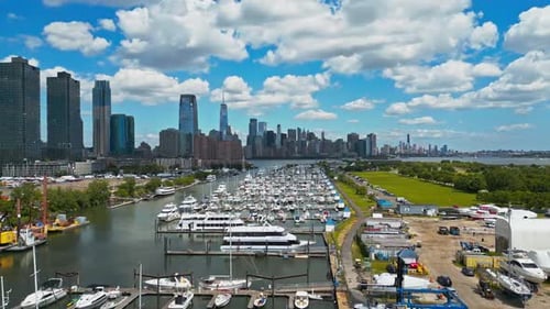 Marine with Yachts in New York City NYC Skyline with Urban Skyscrapers and Yachts in Port New York