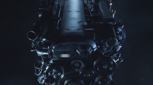 Technological Epic Background of the Dark Chamber with Smoke and Metal Engine