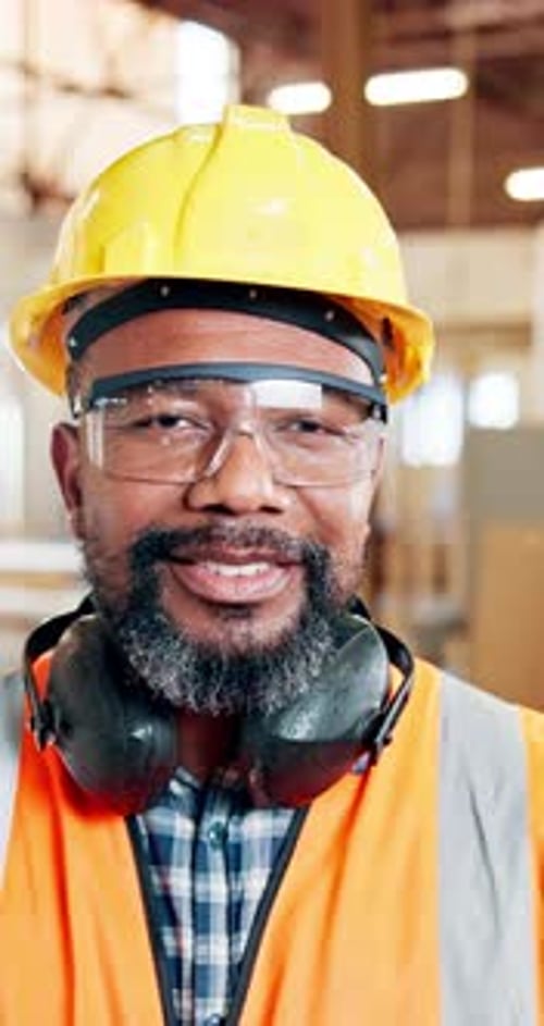 Construcción, felicidad y rostro de un hombre negro en un taller para un proyecto de construcción