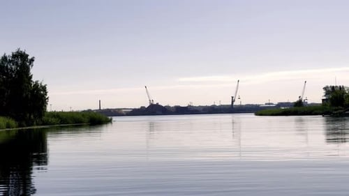 Riga Port Industrial Harbor with Cargo Cranes