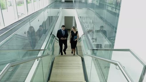 Business people ascending office stairs discussing strategy on the move