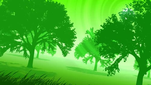 Green Forest Silhouette Animated Background with Glowing Sun