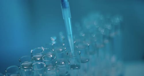 Test tube, science and pipette at lab with chemical, dropper and process for pharmaceutical