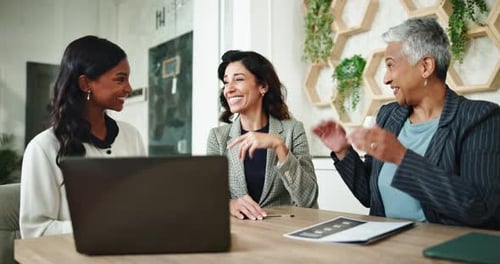 Women, applause and laptop in office for business, successful campaign and colleague support