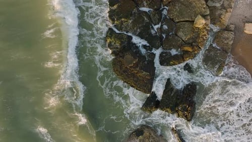 Beautiful aerial establishing view of Karosta (Liepaja) concrete coast fortification ruins, vibrant