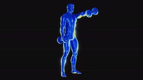Futuristic 3D Human Figure Performing Dumbbell Exercises