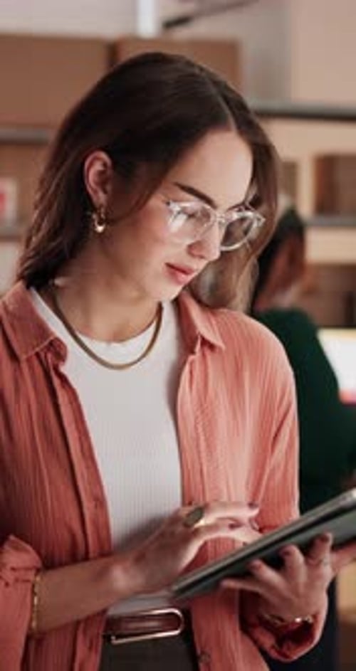 Tablet, contact and businesswoman in office with typing email for feedback on creative project