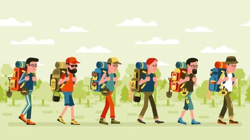 Group of tourists with backpacks walking on green forest background