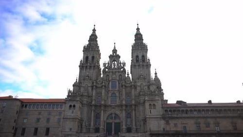 Establishing shot of Cathedral in Santiago de Compostela Galicia Spain