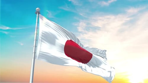 Waving Japan Flag in Realistic 3D Rendering with Sunlight
