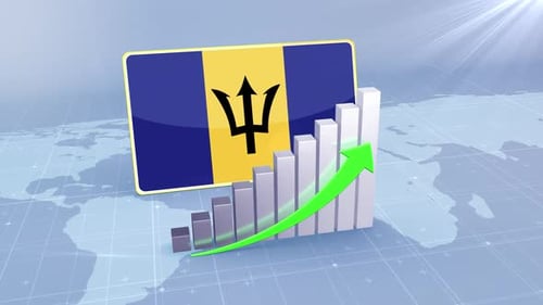 Barbados Flag With Increasing Bar Chart Graph And Arrow Green