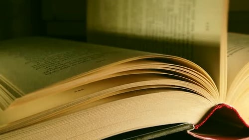 Close up of a book in dim lighting as its pages are turned and shuffled. HD.