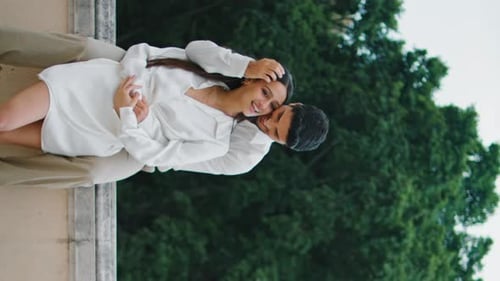 Love Couple Hugging Cityscape Place Vertically Romantic Man Woman Enjoying Date