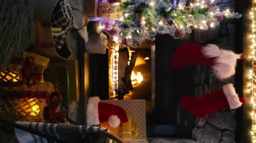 Christmas Tree and Stockings by Fireplace