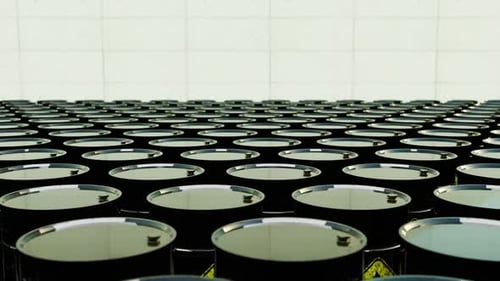 Moving Endless Rows of Oil Barrels in an Industrial Warehouse