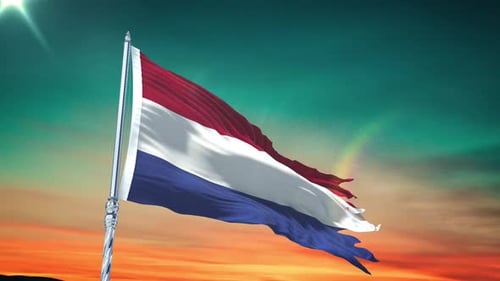Netherlands Flag Waving Against Sunset Sky
