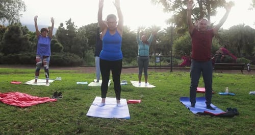 Multiracial senior friends enjoying yoga exercises in sunny city park USA