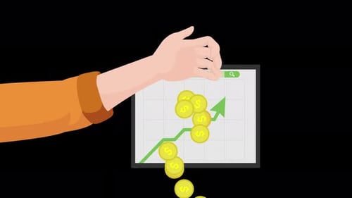 person investing money, green graph increasing, 4k animation investor on alpha channel