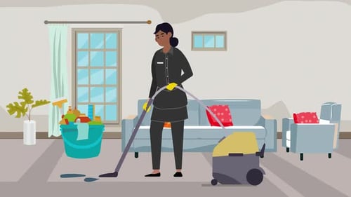 Animated Housekeeping Woman Vacuuming Carpet Flat Design