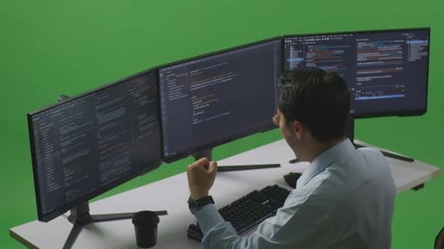 Happy Asian Man Celebrating While Write Code With Multiple Computer Screens In Green Screen