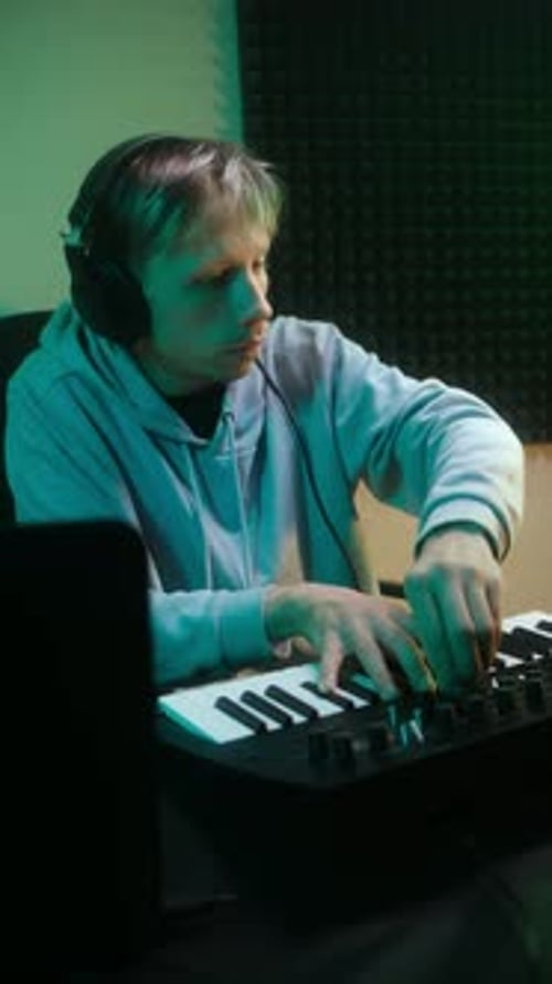 Man Playing Keyboard in Music Recording Studio