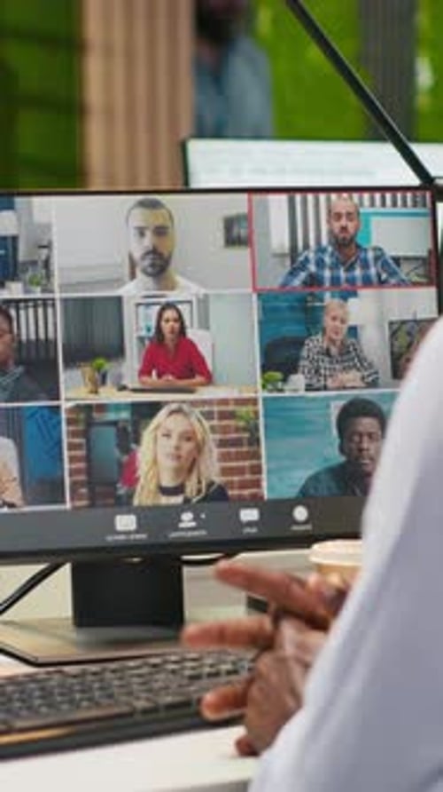 Vertical Video Tech Startup Office Team Collaborating Via Videocall Doing Brainstorming