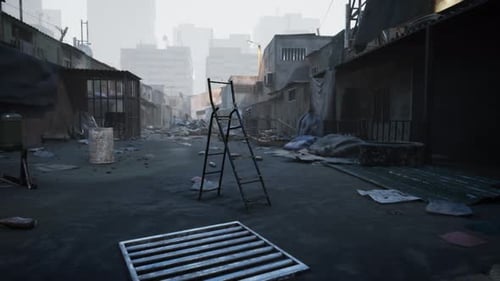 Abandoned Urban Street with a Ladder in a Desolate Cityscape During Daylight