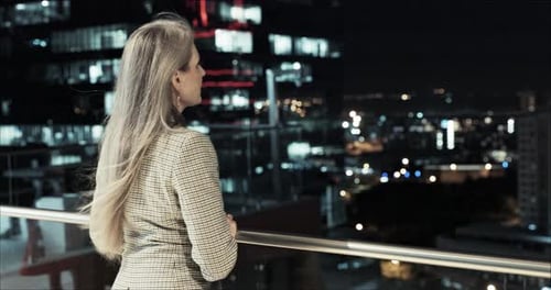 Night, view and business woman at work for corporate overtime, working and thinking on a balcony