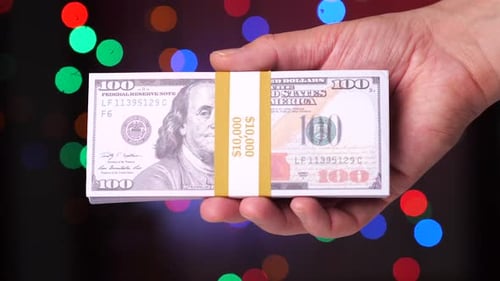 Closeup a Pack of Dollars in Bank Packaging 10000 Dollars in One Wad of Cash