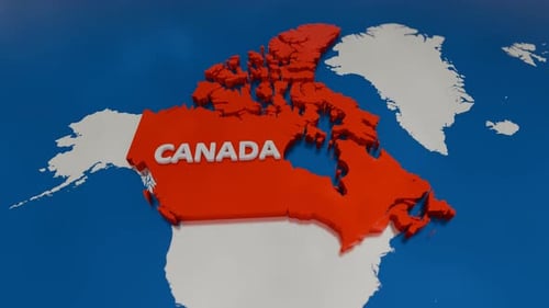 Detailed 3D Map Of Canada, Highlighted In Red With Surrounding Nations And Geographic Features