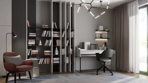 3D render. Interior workspace with a small library and reading area in a modern style.