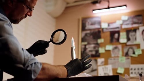 Closeup Detective's Office Middleaged Investigator in Shirt and Tie Sitting Desk Examining Evidence