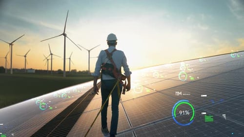 Professioneller männlicher Wartungsingenieur, der mit Gewinn auf einem Solarpanel auf einer Farm für nachhaltige Ressourcen läuft