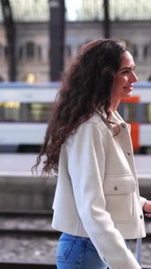 Young Traveler Woman with Luggage Walking at Platform Train Station