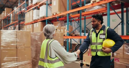 People, shaking hands and tablet for shipping in warehouse with supply chain