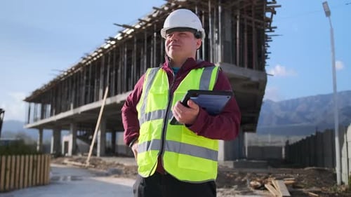 Männlicher Bauingenieur, Bauarchitekt, benutzt Tablet-Computer auf der Baustelle in der Stadt