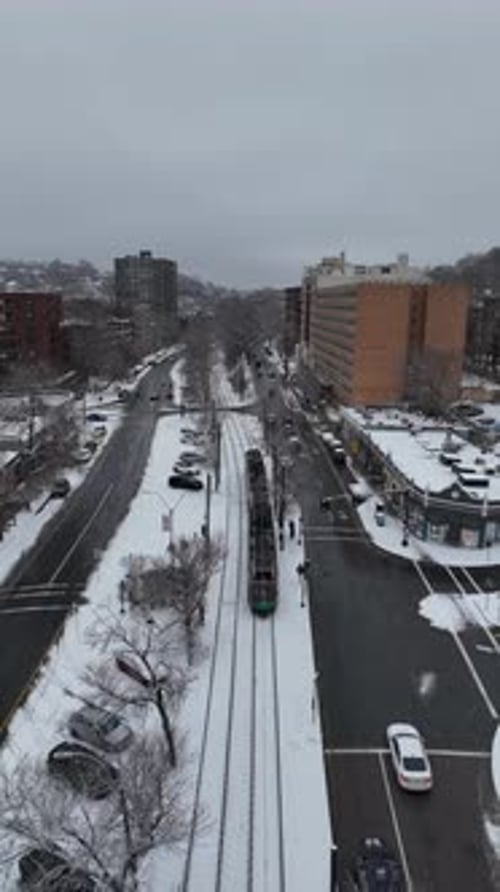 Aerial video above snowy winter in Boston USA